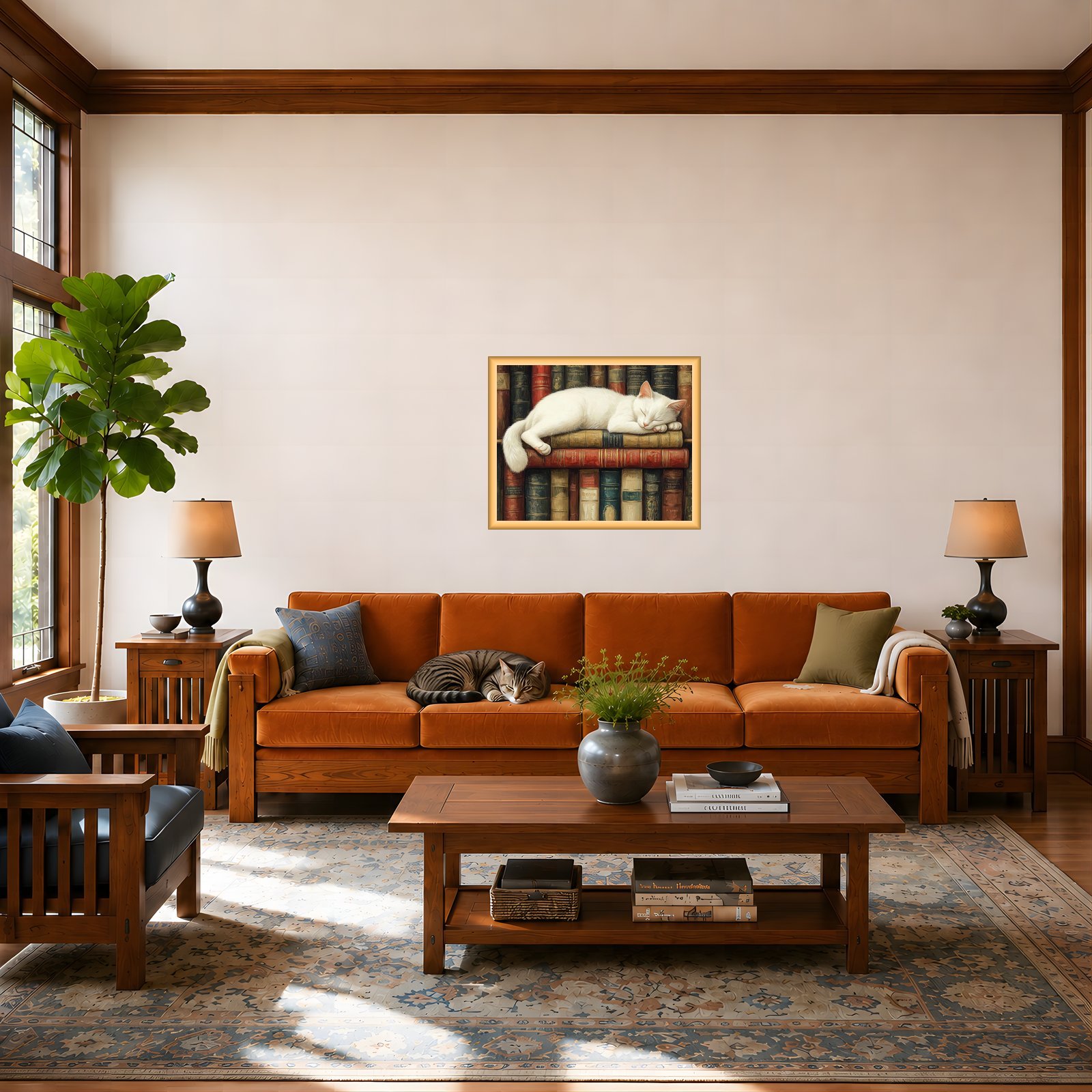 White cat artwork in a Craftsman living room mockup